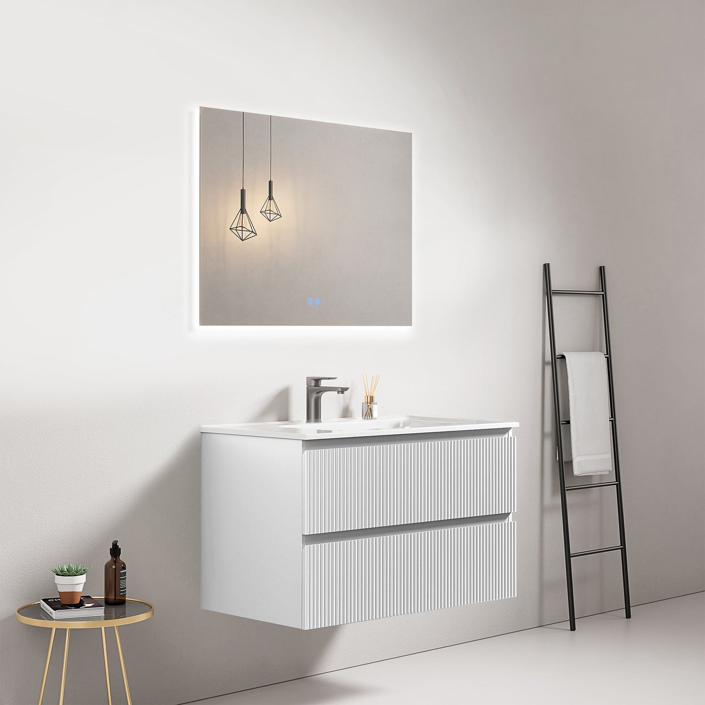 Mobile bagno sospeso cannettato 80 cm Bianco Lavabo in Ceramica Specchio Quadro Retroilluminato - Fiji Paint