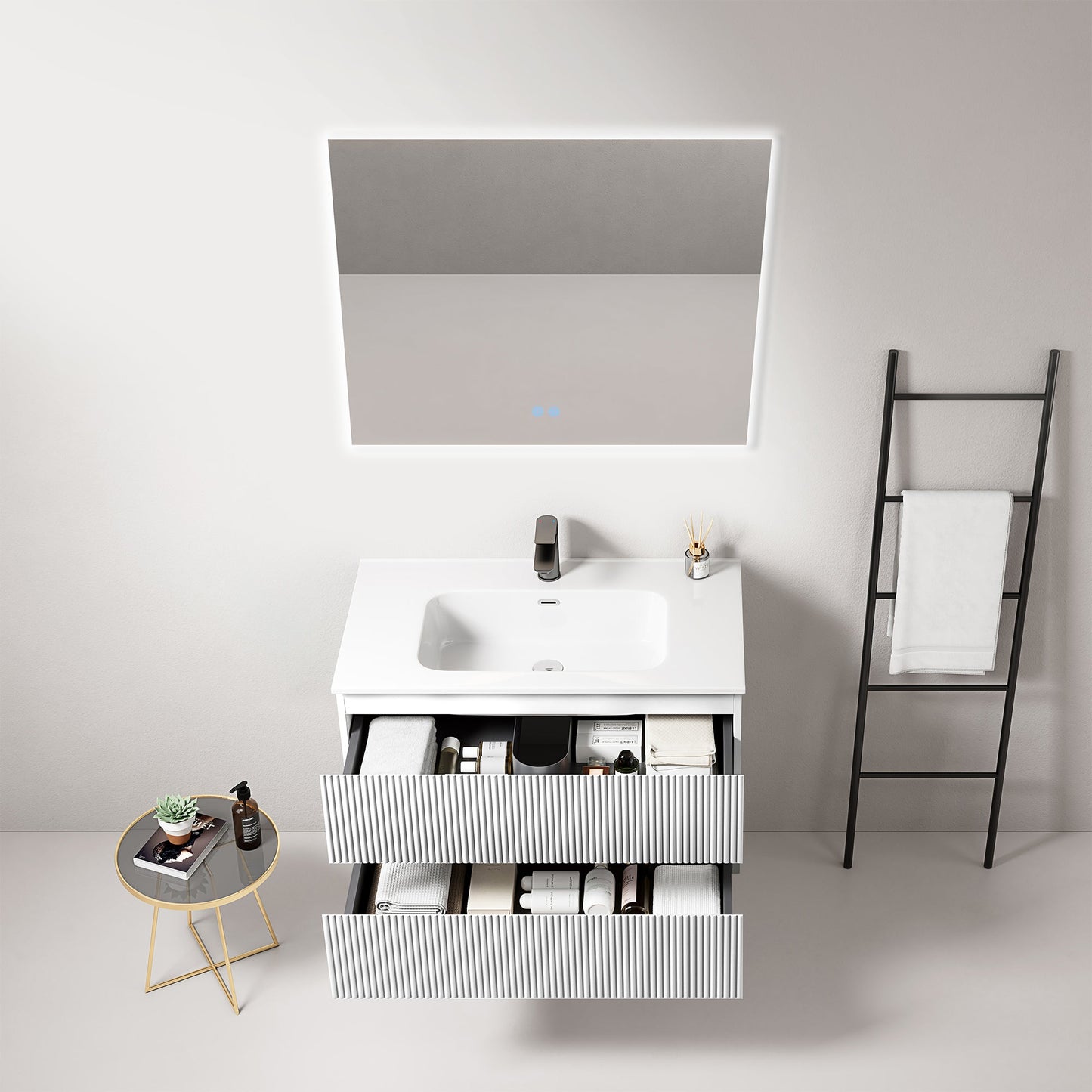 Mobile bagno sospeso cannettato 80 cm Bianco Lavabo in Ceramica Specchio Quadro Retroilluminato - Fiji Paint