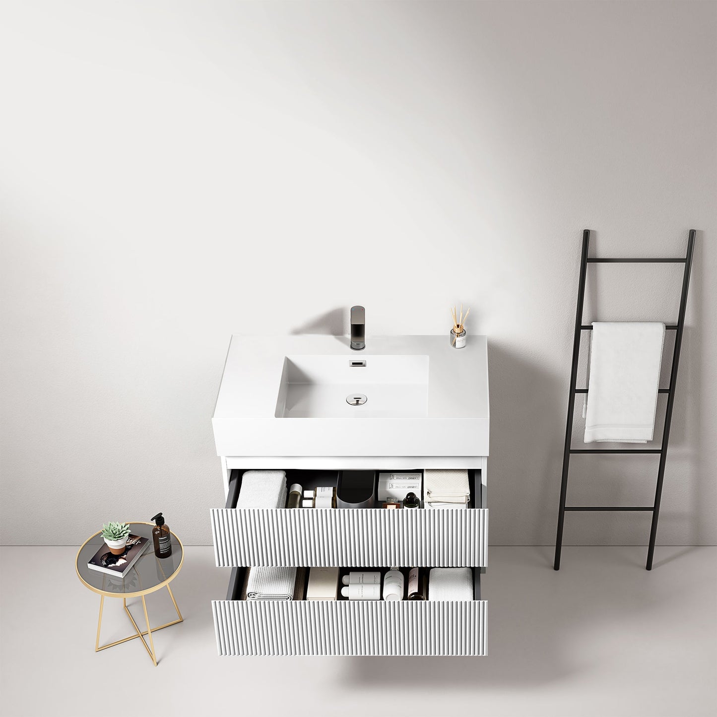 Mobile bagno sospeso cannettato 80 cm Bianco Lavabo in Resina Senza Specchio - Fiji Paint