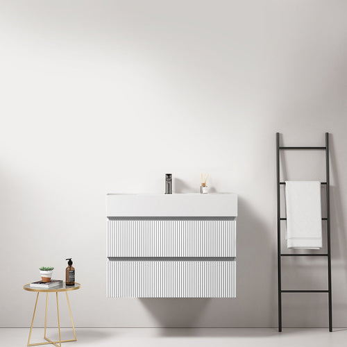 Mobile bagno sospeso cannettato 80 cm Bianco Lavabo in Resina Senza Specchio - Fiji Paint