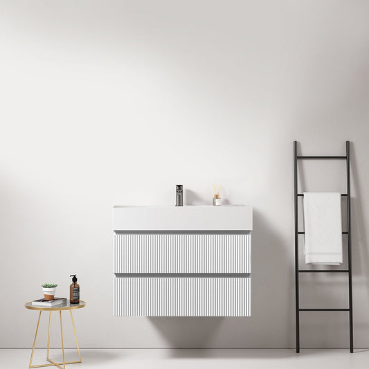Mobile bagno sospeso cannettato 80 cm Bianco Lavabo in Resina Senza Specchio - Fiji Paint
