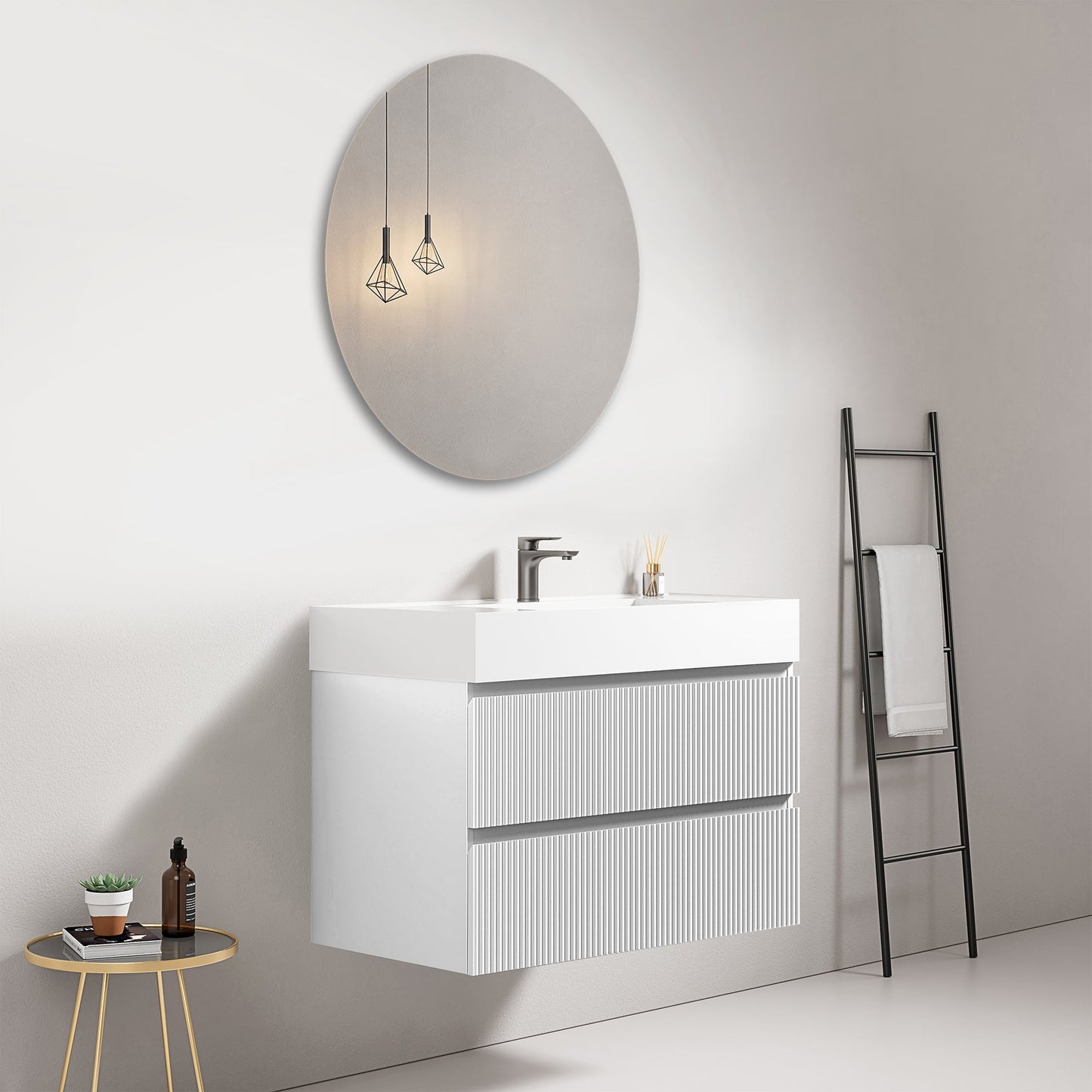 Mobile bagno sospeso cannettato 80 cm Bianco Lavabo in Resina Specchio Tondo - Fiji Paint