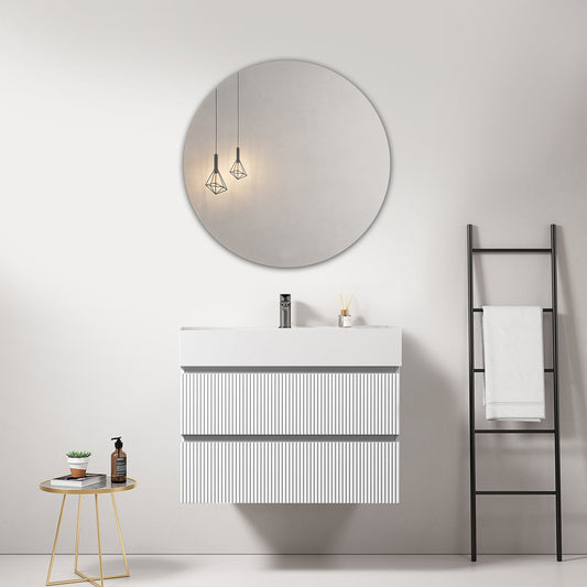 Mobile bagno sospeso cannettato 80 cm Bianco Lavabo in Resina Specchio Tondo - Fiji Paint
