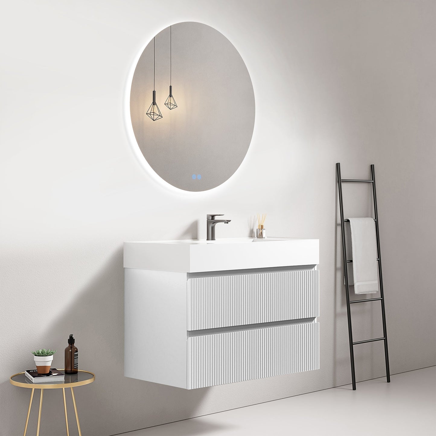 Mobile bagno sospeso cannettato 80 cm Bianco Lavabo in Resina Specchio Tondo Retroilluminato - Fiji Paint