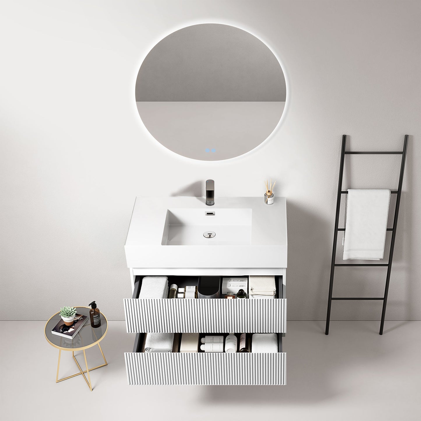 Mobile bagno sospeso cannettato 80 cm Bianco Lavabo in Resina Specchio Tondo Retroilluminato - Fiji Paint