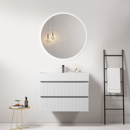 Mobile bagno sospeso cannettato 80 cm Bianco Lavabo in Resina Specchio Tondo Retroilluminato - Fiji Paint