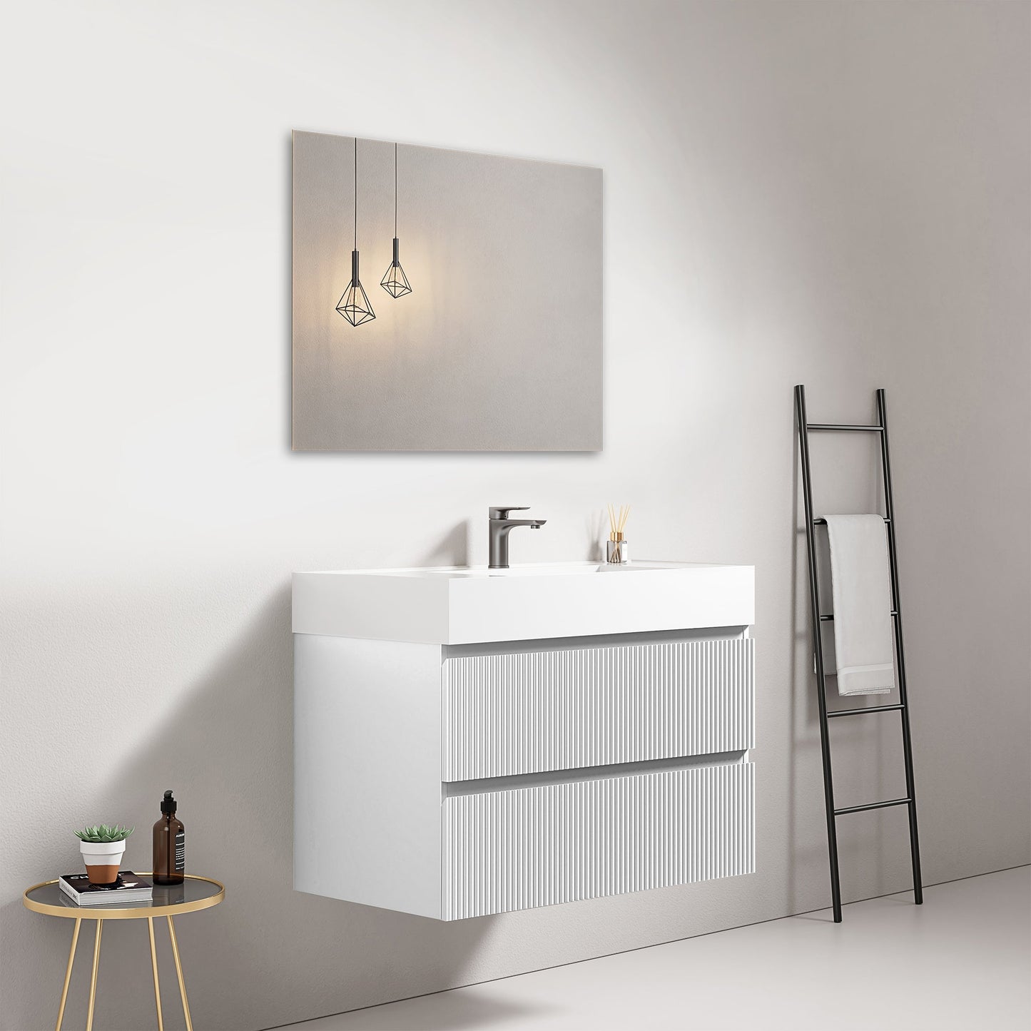Mobile bagno sospeso cannettato 80 cm Bianco Lavabo in Resina Specchio Quadro - Fiji Paint
