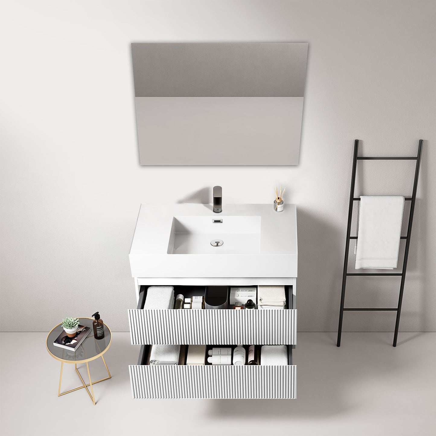 Mobile bagno sospeso cannettato 80 cm Bianco Lavabo in Resina Specchio Quadro - Fiji Paint