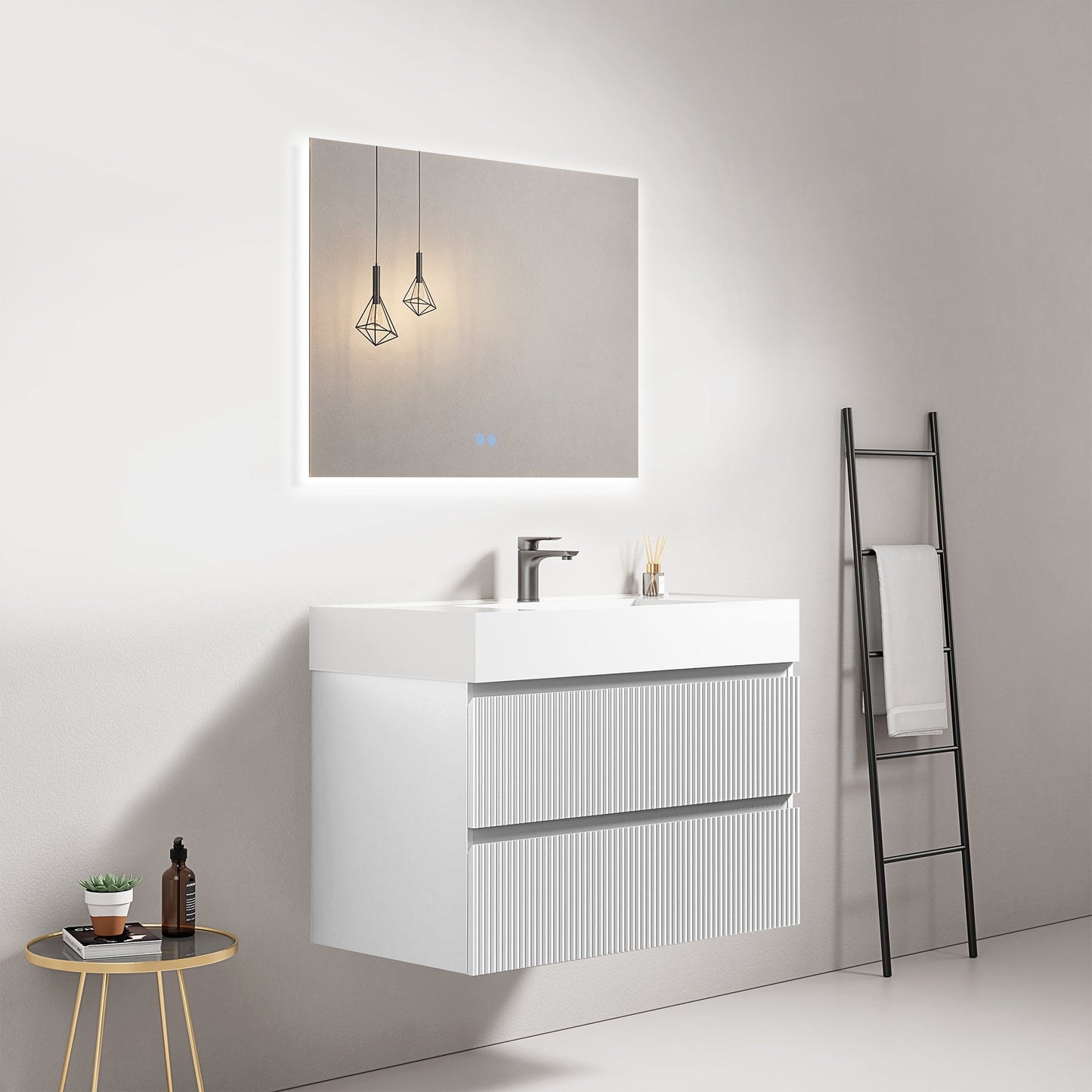 Mobile bagno sospeso cannettato 80 cm Bianco Lavabo in Resina Specchio Quadro Retroilluminato - Fiji Paint
