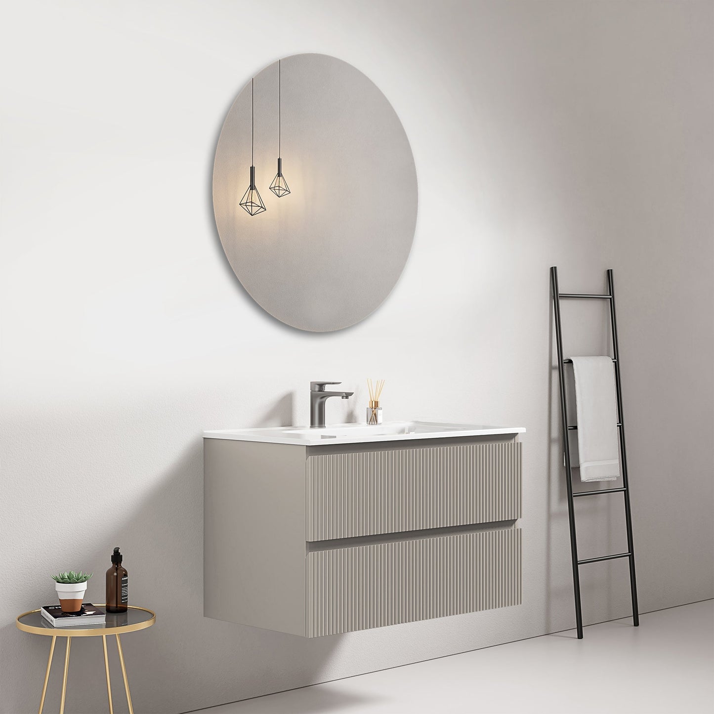 Mobile bagno sospeso cannettato 80 cm Grigio Cenere Lavabo in Ceramica Specchio Tondo - Fiji Paint