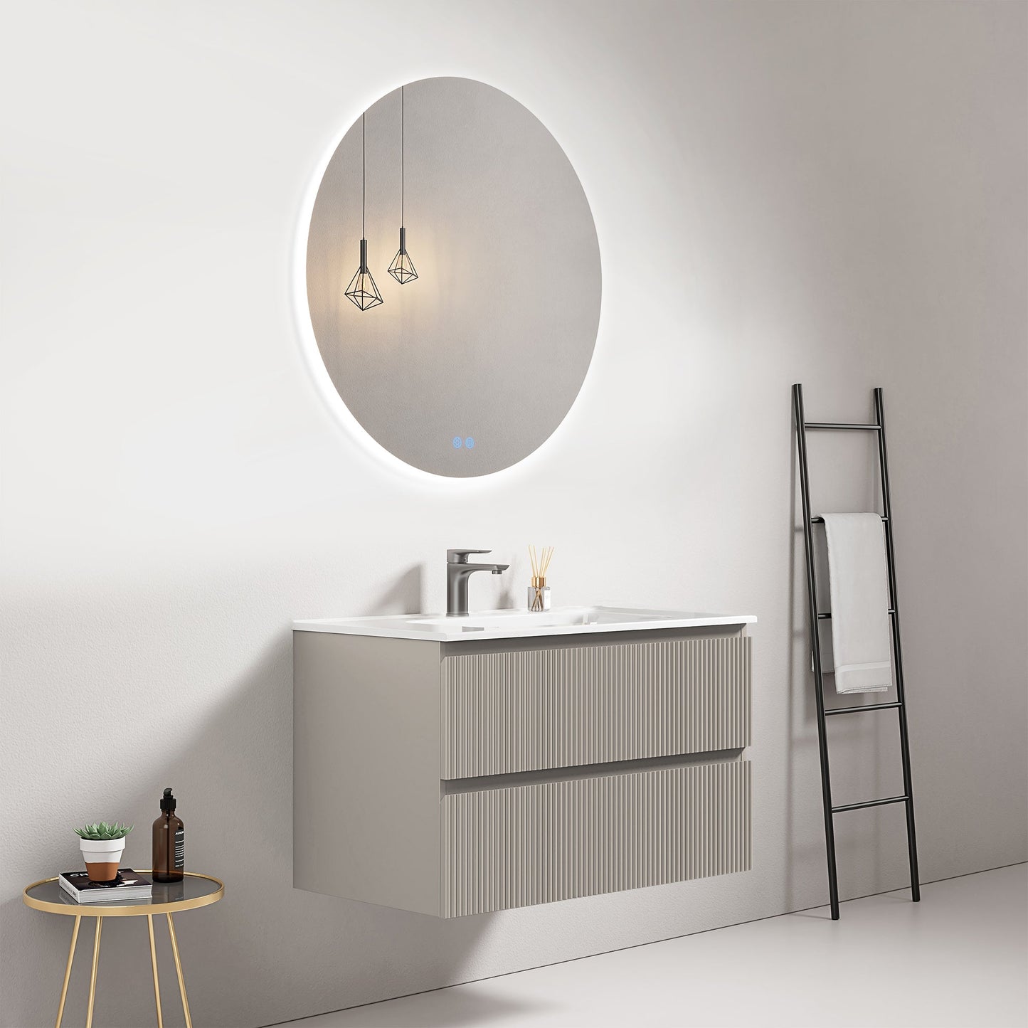 Mobile bagno sospeso cannettato 80 cm Grigio Cenere Lavabo in Ceramica Specchio Tondo Retroilluminato - Fiji Paint