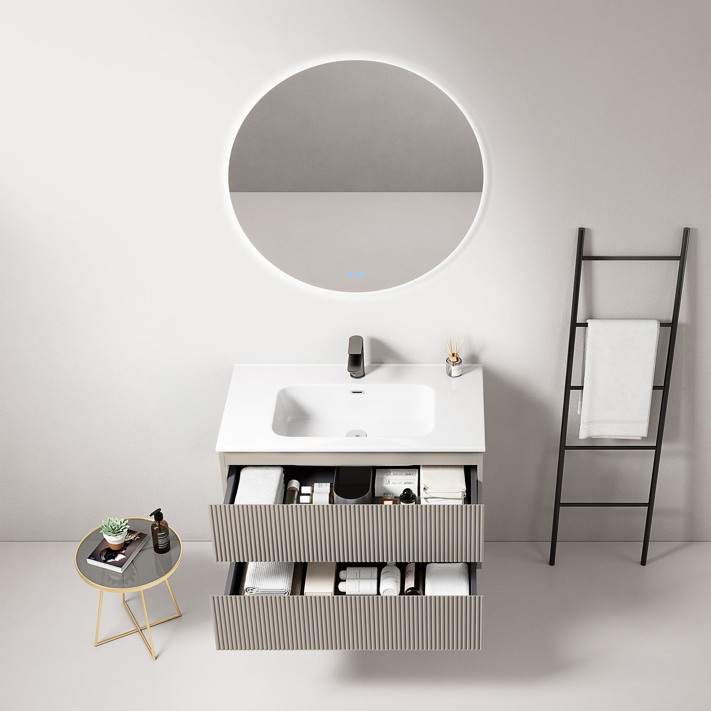 Mobile bagno sospeso cannettato 80 cm Grigio Cenere Lavabo in Ceramica Specchio Tondo Retroilluminato - Fiji Paint