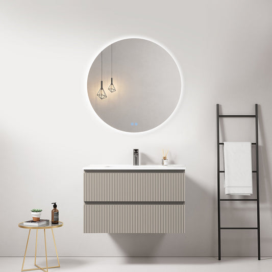 Mobile bagno sospeso cannettato 80 cm Grigio Cenere Lavabo in Ceramica Specchio Tondo Retroilluminato - Fiji Paint