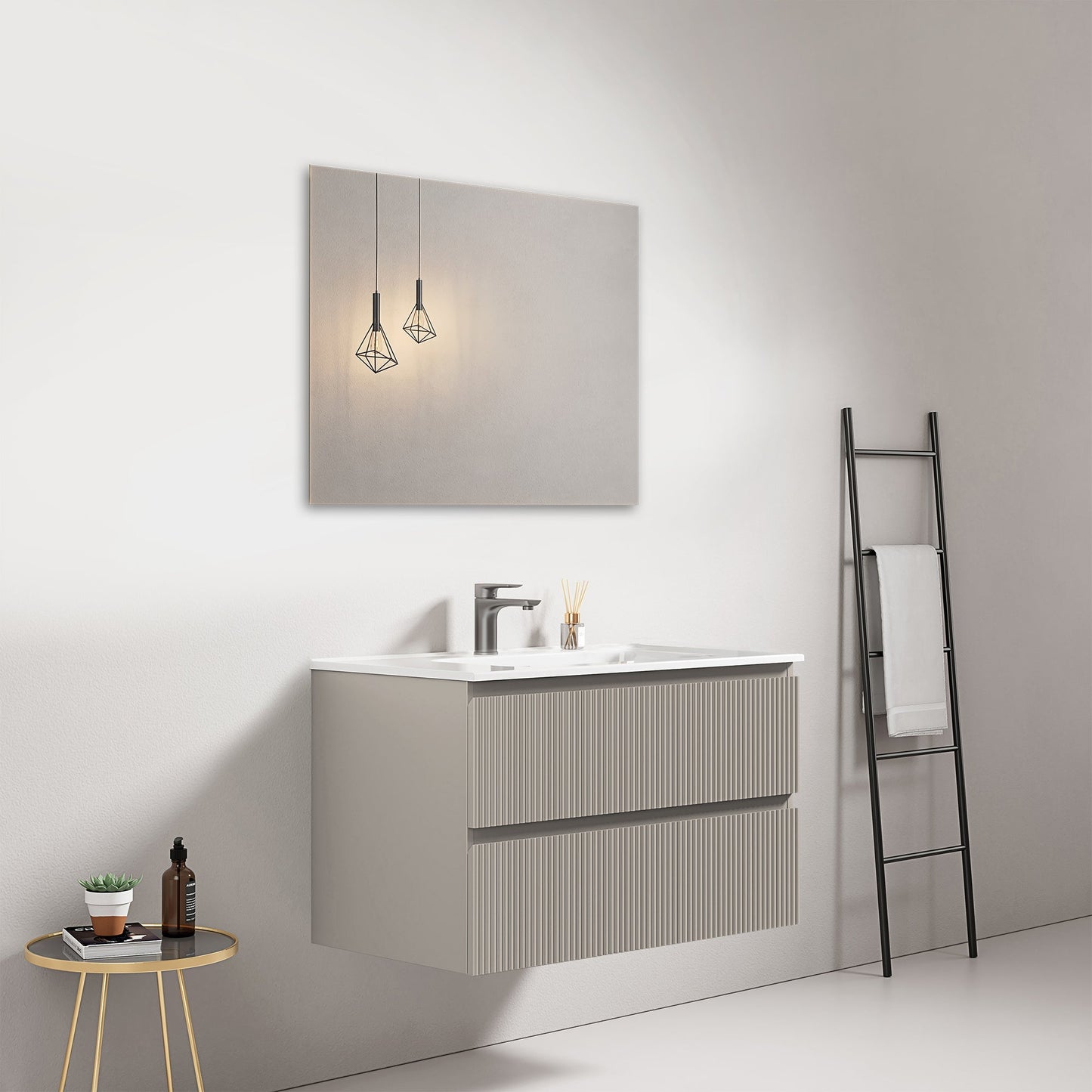Mobile bagno sospeso cannettato 80 cm Grigio Cenere Lavabo in Ceramica Specchio Quadro - Fiji Paint