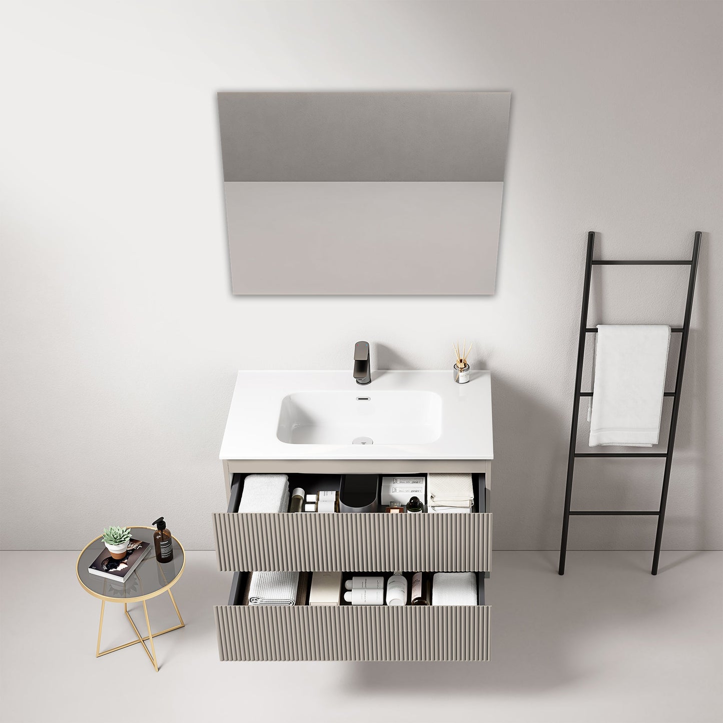 Mobile bagno sospeso cannettato 80 cm Grigio Cenere Lavabo in Ceramica Specchio Quadro - Fiji Paint