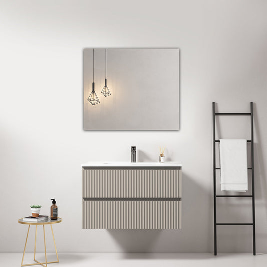 Mobile bagno sospeso cannettato 80 cm Grigio Cenere Lavabo in Ceramica Specchio Quadro - Fiji Paint