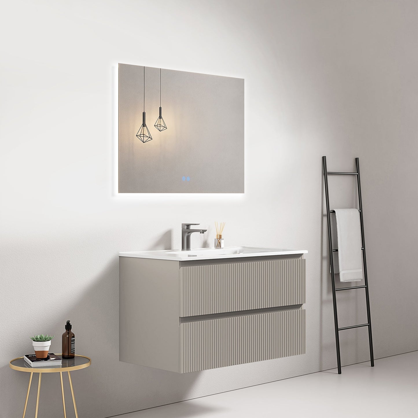 Mobile bagno sospeso cannettato 80 cm Grigio Cenere Lavabo in Ceramica Specchio Quadro Retroilluminato - Fiji Paint