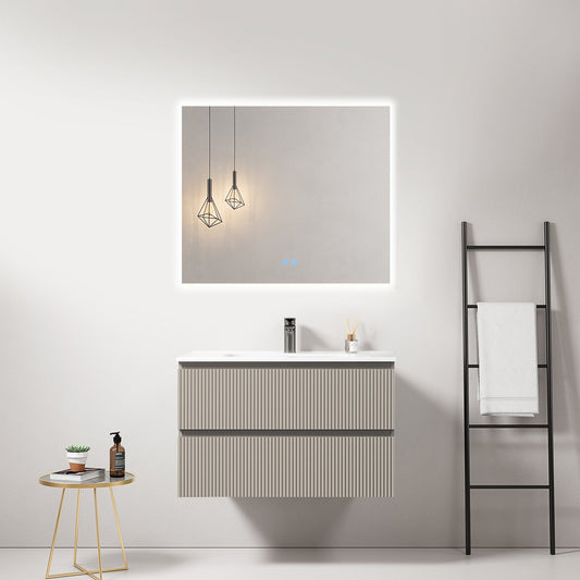 Mobile bagno sospeso cannettato 80 cm Grigio Cenere Lavabo in Ceramica Specchio Quadro Retroilluminato - Fiji Paint