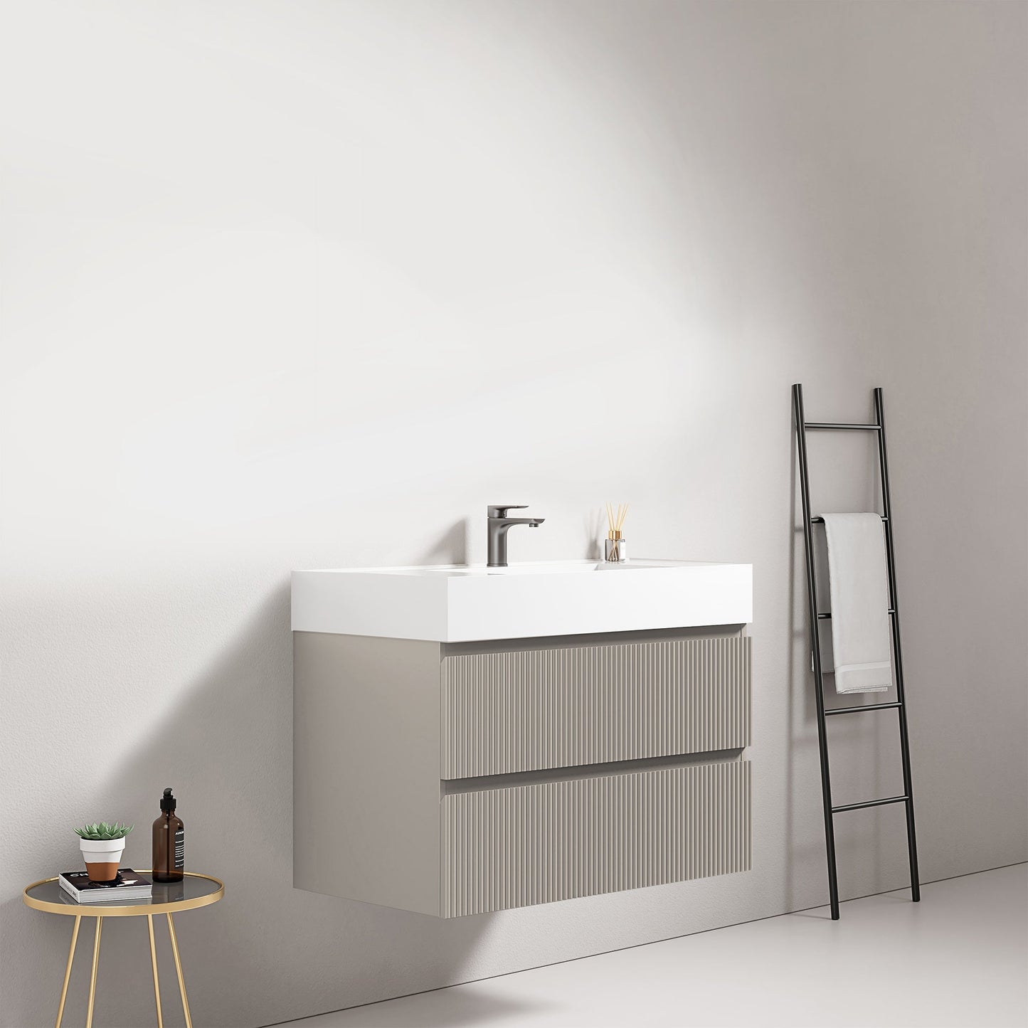 Mobile bagno sospeso cannettato 80 cm Grigio Cenere Lavabo in Resina Senza Specchio - Fiji Paint