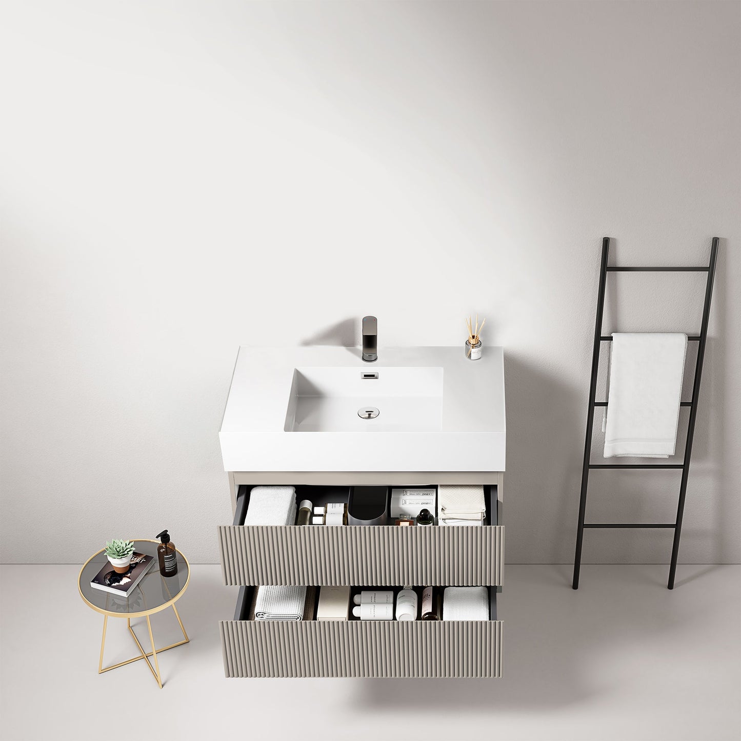 Mobile bagno sospeso cannettato 80 cm Grigio Cenere Lavabo in Resina Senza Specchio - Fiji Paint