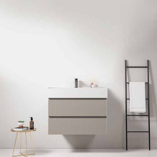 Mobile bagno sospeso cannettato 80 cm Grigio Cenere Lavabo in Resina Senza Specchio - Fiji Paint