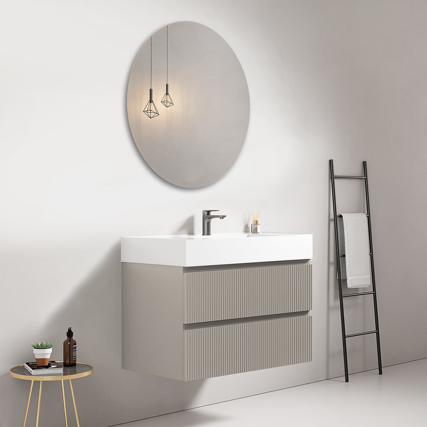 Mobile bagno sospeso cannettato 80 cm Grigio Cenere Lavabo in Resina Specchio Tondo - Fiji Paint