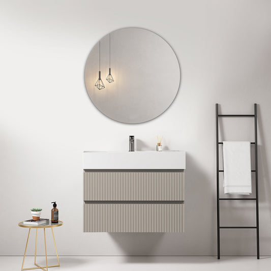 Mobile bagno sospeso cannettato 80 cm Grigio Cenere Lavabo in Resina Specchio Tondo - Fiji Paint