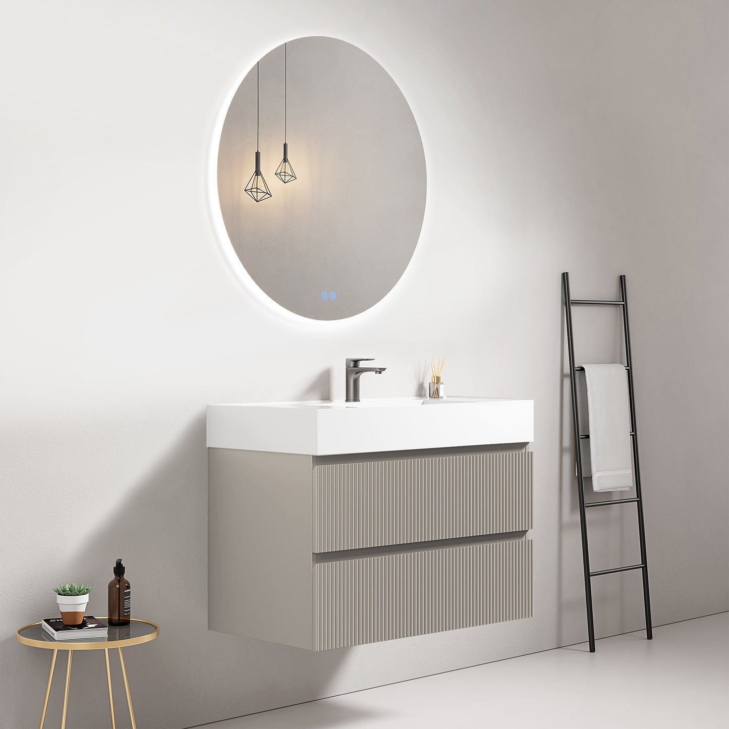 Mobile bagno sospeso cannettato 80 cm Grigio Cenere Lavabo in Resina Specchio Tondo Retroilluminato - Fiji Paint