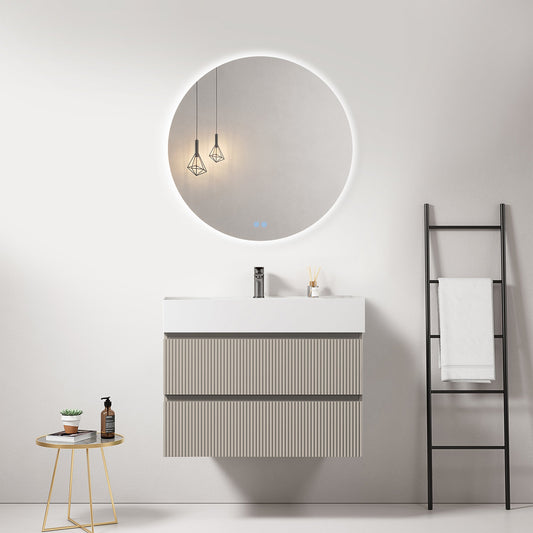 Mobile bagno sospeso cannettato 80 cm Grigio Cenere Lavabo in Resina Specchio Tondo Retroilluminato - Fiji Paint