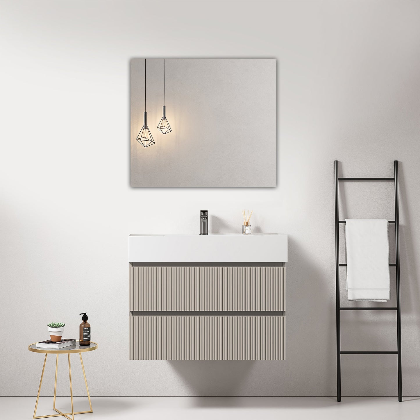 Mobile bagno sospeso cannettato 80 cm Grigio Cenere Lavabo in Resina Specchio Quadro - Fiji Paint