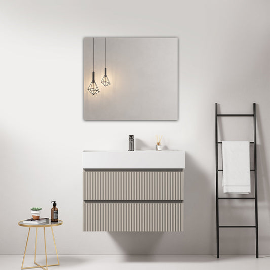 Mobile bagno sospeso cannettato 80 cm Grigio Cenere Lavabo in Resina Specchio Quadro - Fiji Paint
