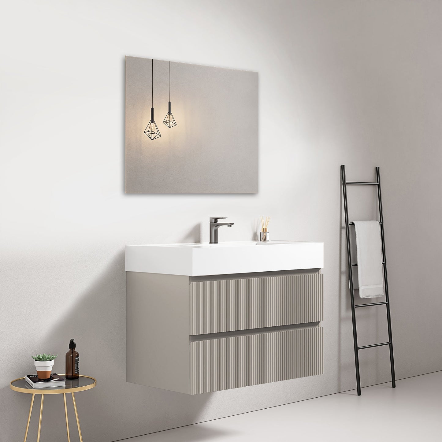 Mobile bagno sospeso cannettato 80 cm Grigio Cenere Lavabo in Resina Specchio Quadro - Fiji Paint