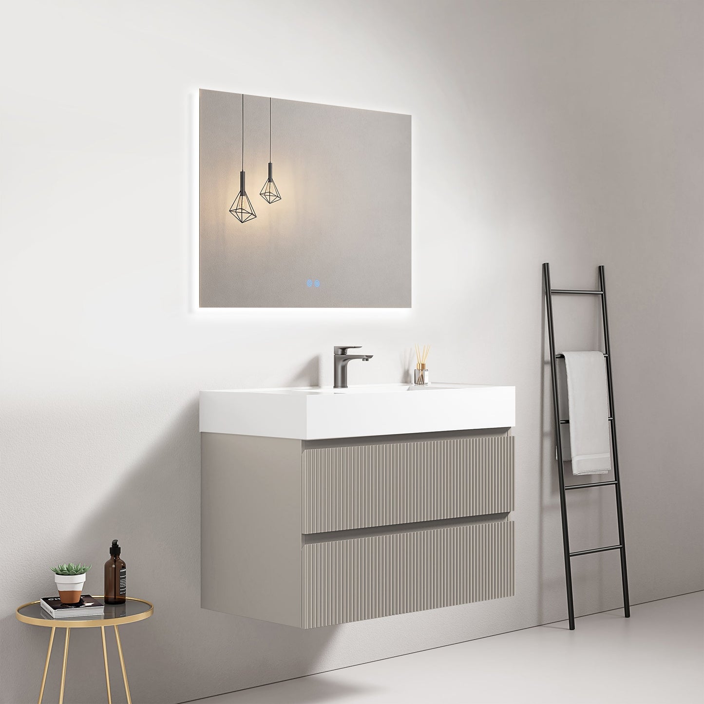Mobile bagno sospeso cannettato 80 cm Grigio Cenere Lavabo in Resina Specchio Quadro Retroilluminato - Fiji Paint