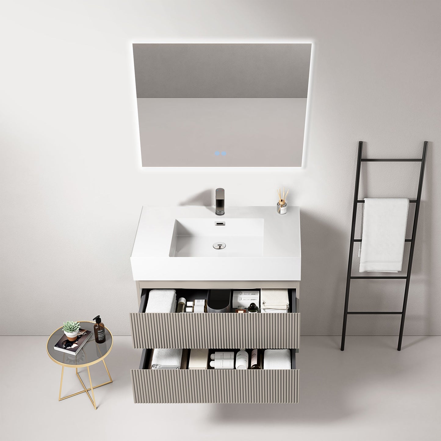 Mobile bagno sospeso cannettato 80 cm Grigio Cenere Lavabo in Resina Specchio Quadro Retroilluminato - Fiji Paint