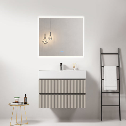 Mobile bagno sospeso cannettato 80 cm Grigio Cenere Lavabo in Resina Specchio Quadro Retroilluminato - Fiji Paint