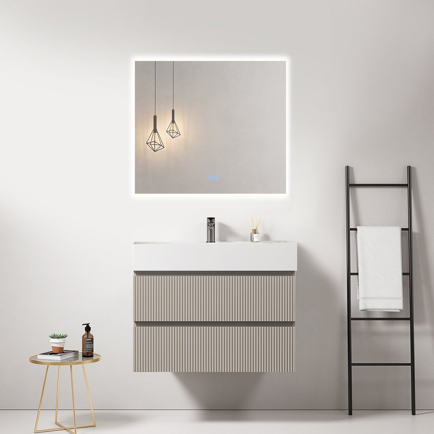 Mobile bagno sospeso cannettato 80 cm Grigio Cenere Lavabo in Resina Specchio Quadro Retroilluminato - Fiji Paint