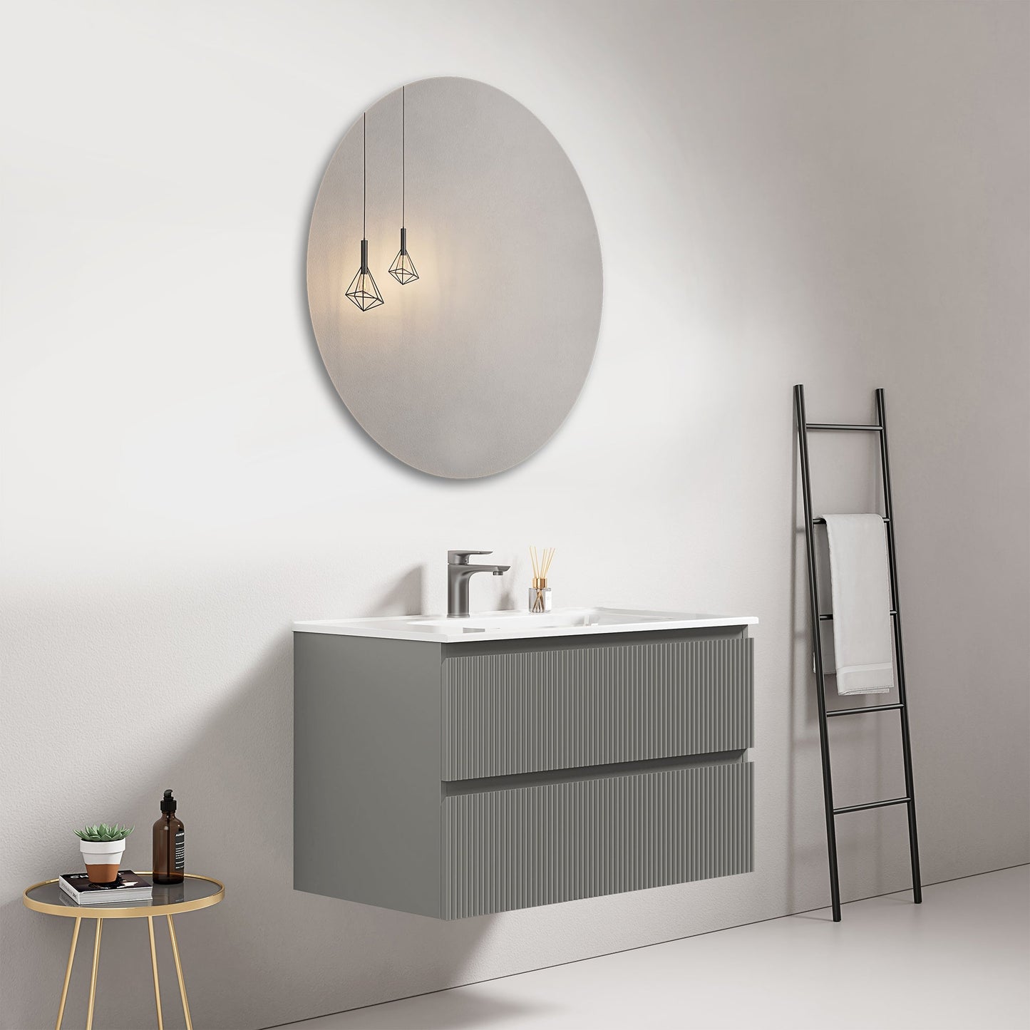 Mobile bagno sospeso cannettato 80 cm Grigio Londra Lavabo in Ceramica Specchio Tondo - Fiji Paint