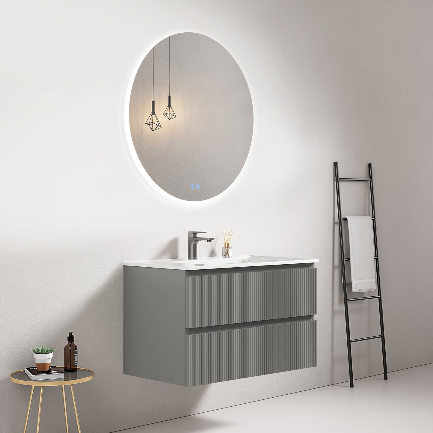 Mobile bagno sospeso cannettato 80 cm Grigio Londra Lavabo in Ceramica Specchio Tondo Retroilluminato - Fiji Paint