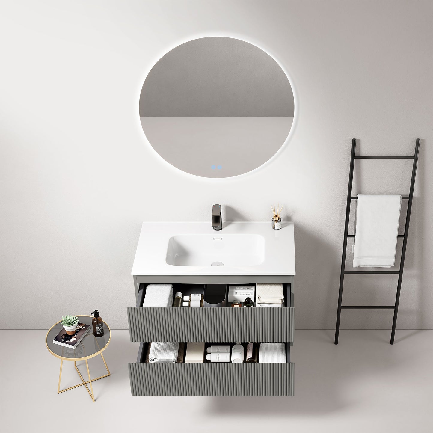 Mobile bagno sospeso cannettato 80 cm Grigio Londra Lavabo in Ceramica Specchio Tondo Retroilluminato - Fiji Paint