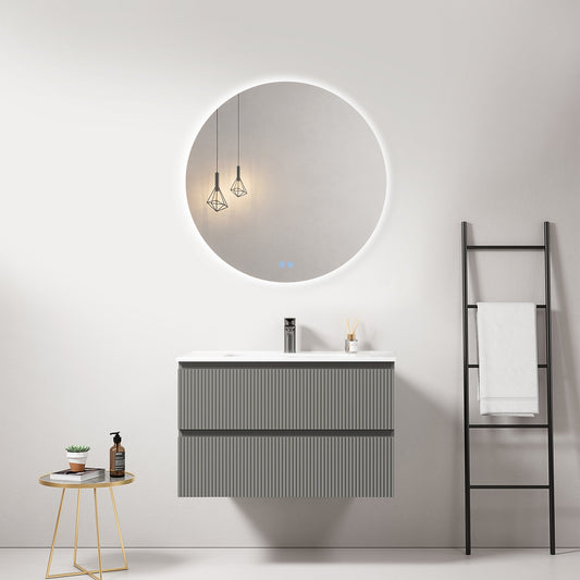 Mobile bagno sospeso cannettato 80 cm Grigio Londra Lavabo in Ceramica Specchio Tondo Retroilluminato - Fiji Paint