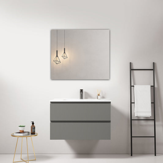 Mobile bagno sospeso cannettato 80 cm Grigio Londra Lavabo in Ceramica Specchio Quadro - Fiji Paint