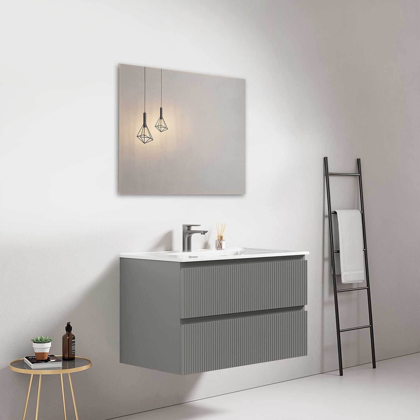 Mobile bagno sospeso cannettato 80 cm Grigio Londra Lavabo in Ceramica Specchio Quadro - Fiji Paint