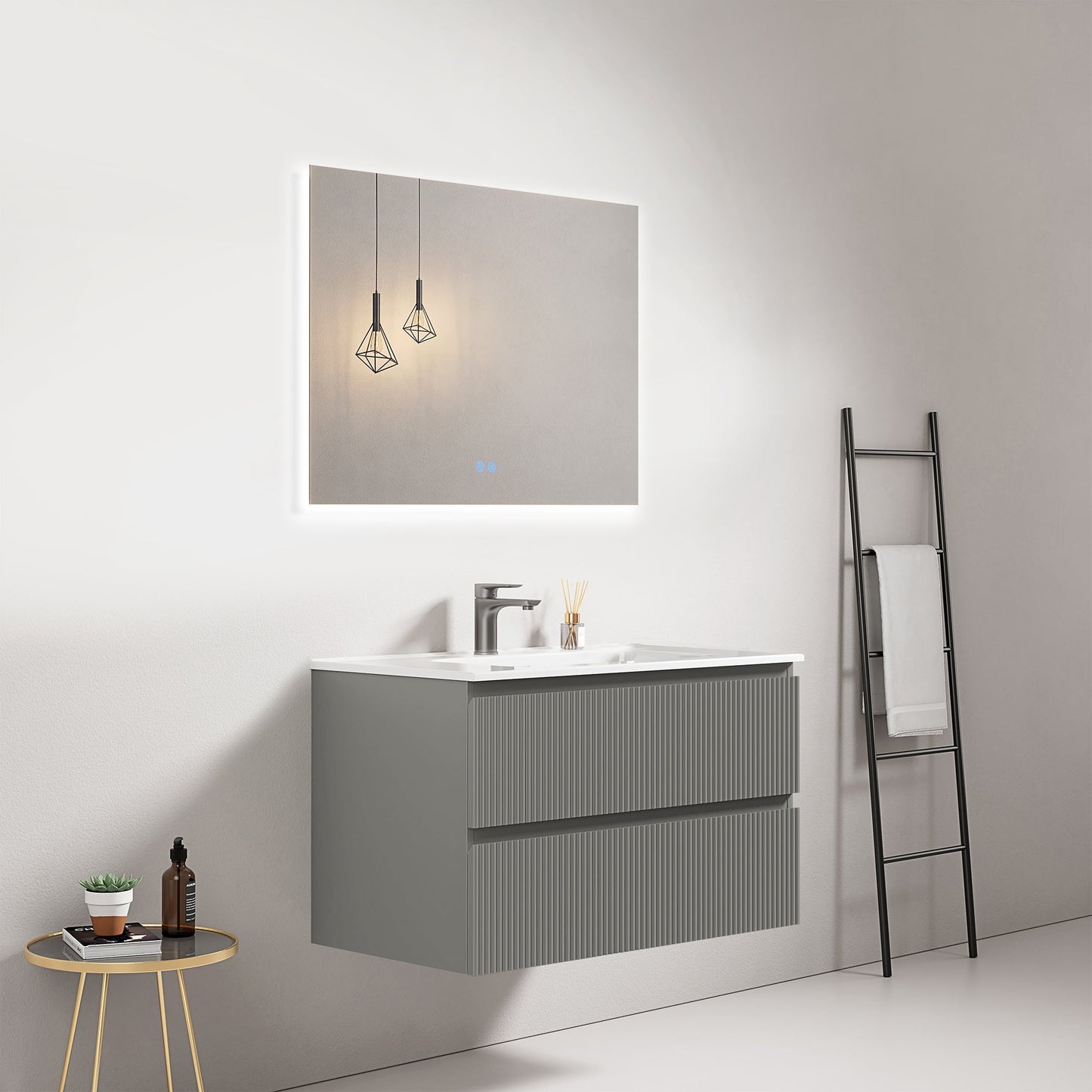 Mobile bagno sospeso cannettato 80 cm Grigio Londra Lavabo in Ceramica Specchio Quadro Retroilluminato - Fiji Paint