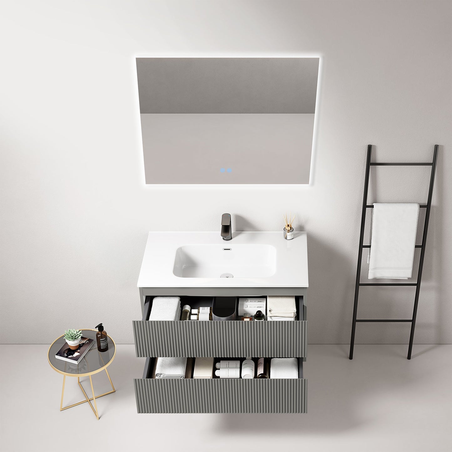 Mobile bagno sospeso cannettato 80 cm Grigio Londra Lavabo in Ceramica Specchio Quadro Retroilluminato - Fiji Paint