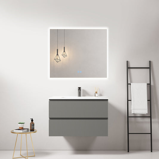 Mobile bagno sospeso cannettato 80 cm Grigio Londra Lavabo in Ceramica Specchio Quadro Retroilluminato - Fiji Paint