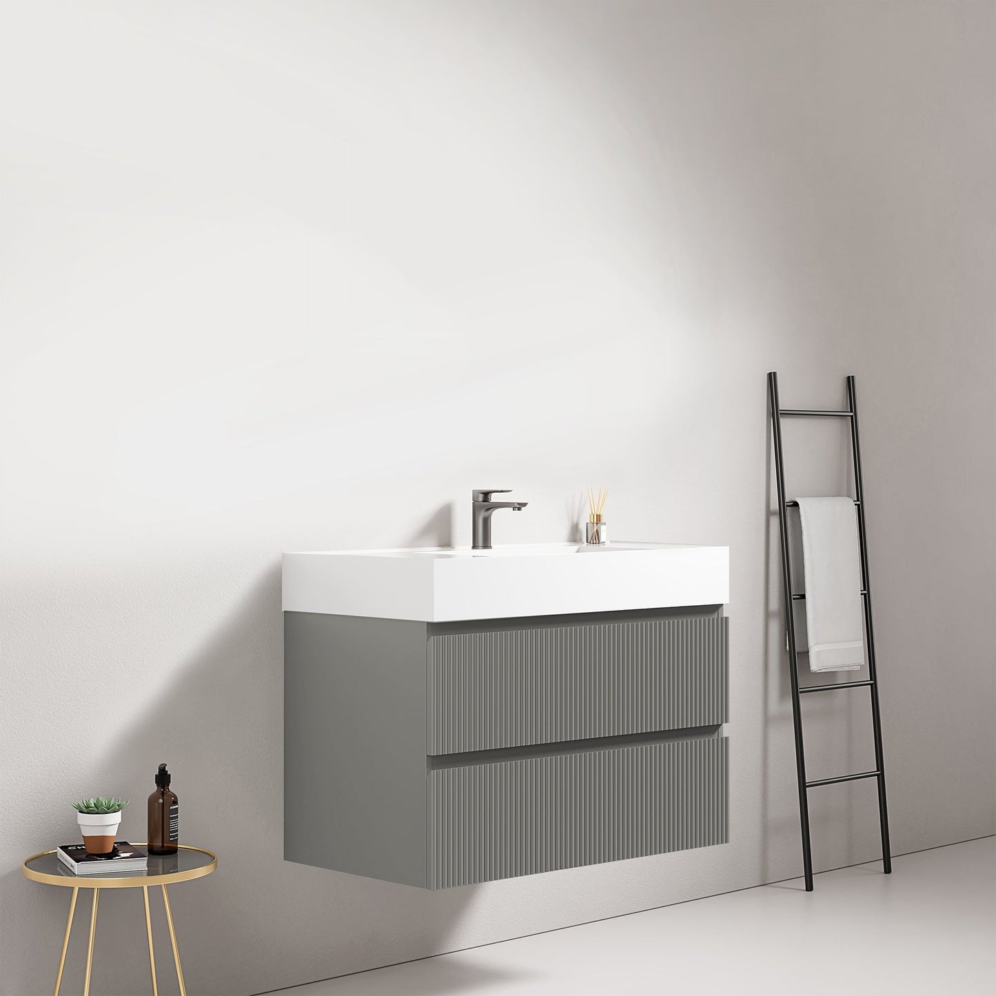 Mobile bagno sospeso cannettato 80 cm Grigio Londra Lavabo in Resina Senza Specchio - Fiji Paint