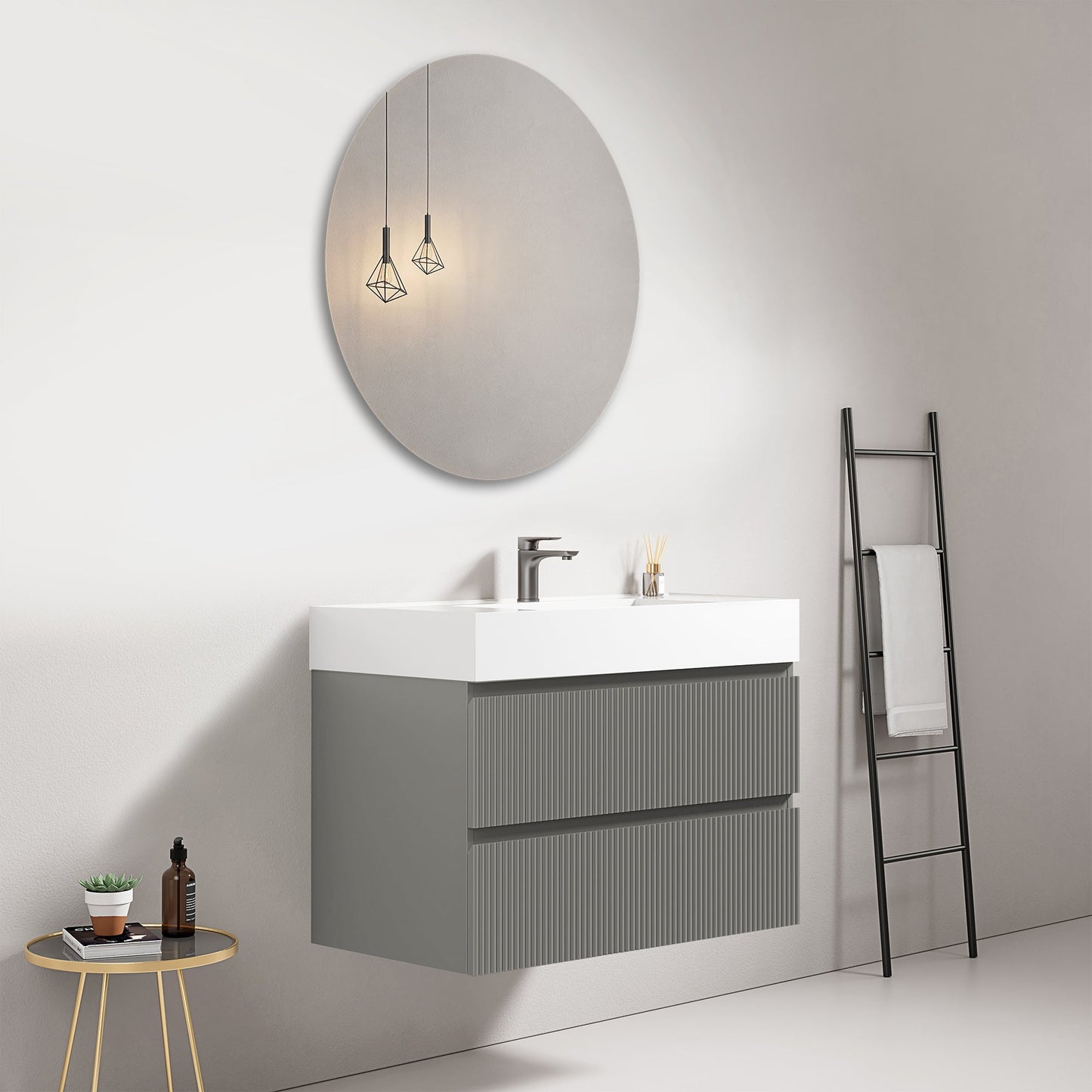 Mobile bagno sospeso cannettato 80 cm Grigio Londra Lavabo in Resina Specchio Tondo - Fiji Paint