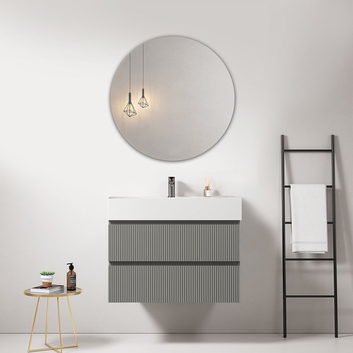 Mobile bagno sospeso cannettato 80 cm Grigio Londra Lavabo in Resina Specchio Tondo - Fiji Paint