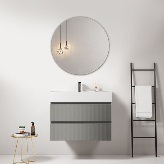 Mobile bagno sospeso cannettato 80 cm Grigio Londra Lavabo in Resina Specchio Tondo - Fiji Paint
