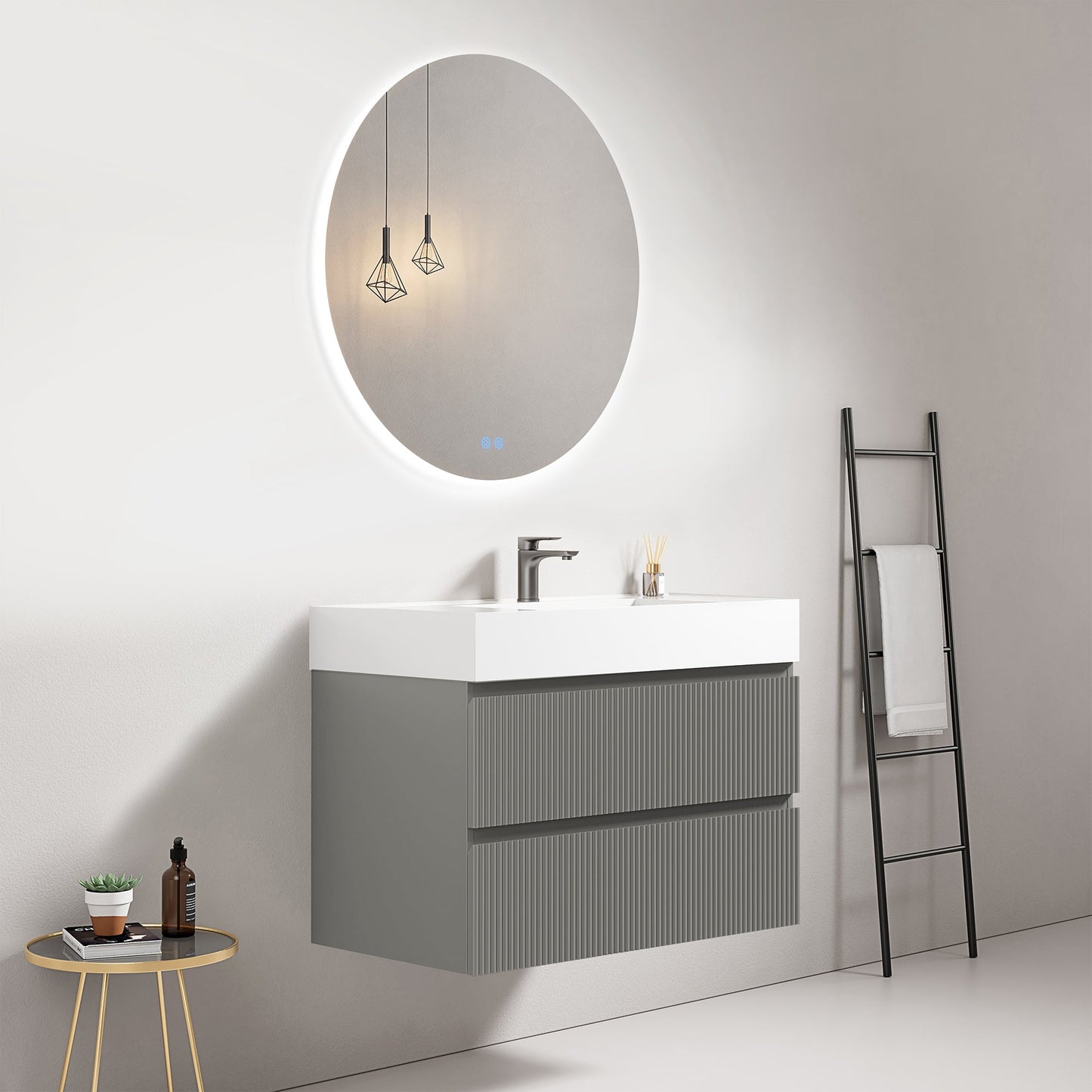 Mobile bagno sospeso cannettato 80 cm Grigio Londra Lavabo in Resina Specchio Tondo Retroilluminato - Fiji Paint